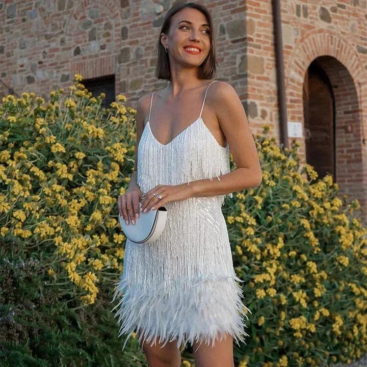 Women’s sparkling fringe cocktail mini dress with modern cut